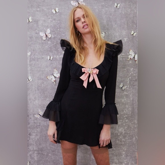For Love and Lemons Evie Mini Dress Flare Wide Sleeve Ruffles Black Size XS - Picture 1 of 16